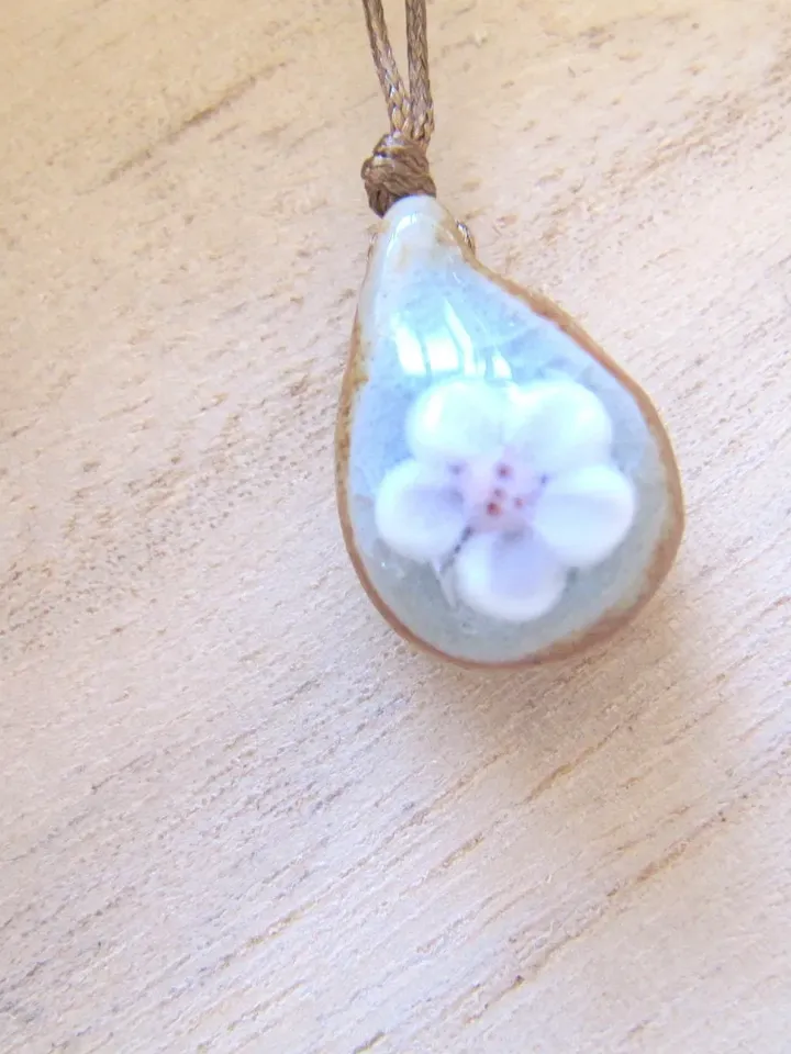 Ceramic pendant necklace, boho necklace, ceramic necklace, hippie choker, flower ceramic pendant, pendant ceramic with bells