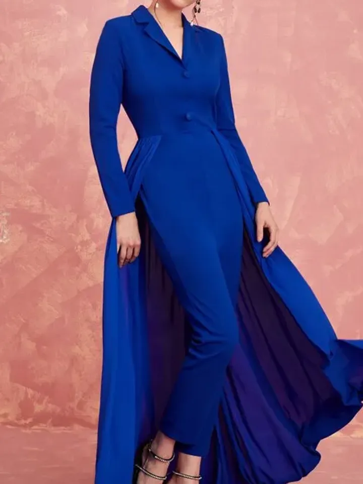 Lapel Collar Long Sleeve Button Front Shirt Jumpsuit With Mesh Skirt 2 Colors