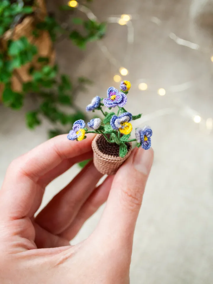 Beautiful miniature PANSY in a pot, Tiny Pansy for Fairy Flower Garden, Purple yellow Pansies crocheted flower