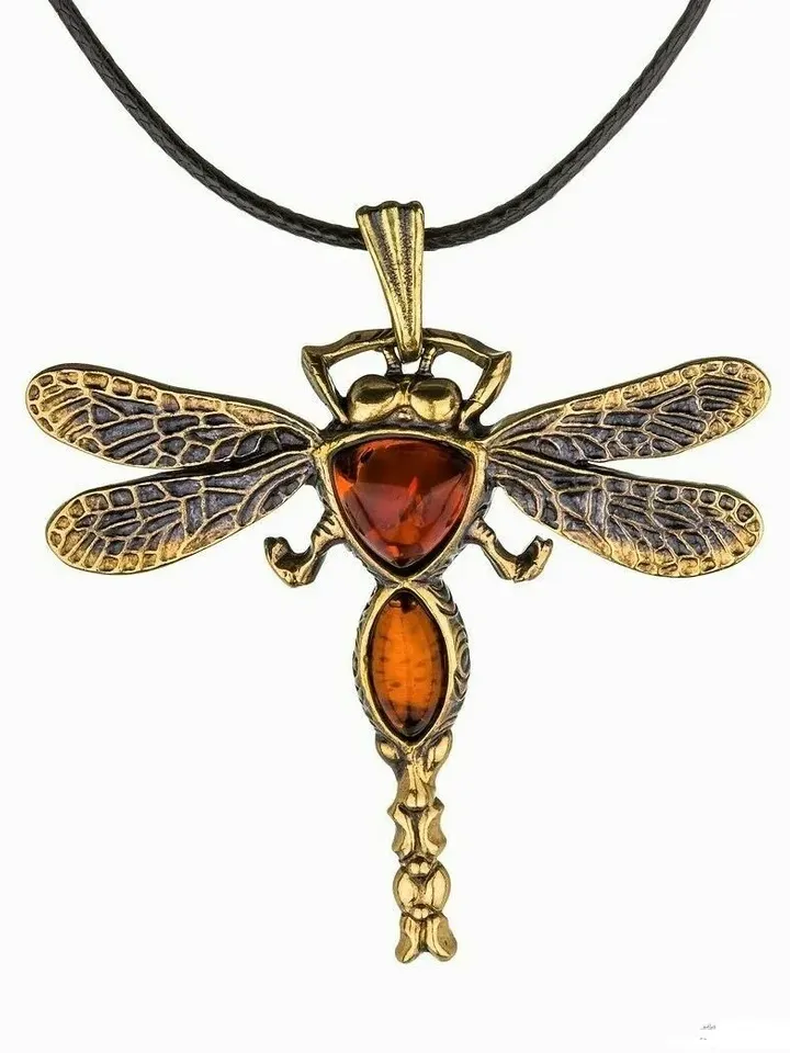 Big Dragonfly Insect Necklace Amber Jewelry Dragonfly Pendant Gold Orange Amulet Necklace handmade Amber pendant women