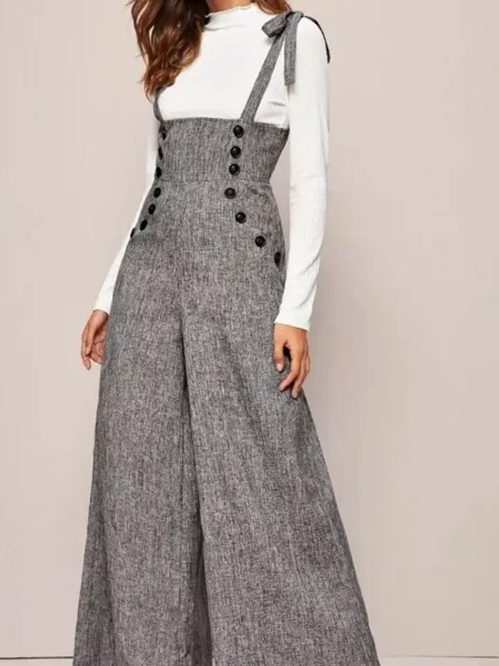 Gray Elegant Straps Double Breasted Pockets High Waist Wide Leg Suspender Jumpsuit Overall Women Ladies