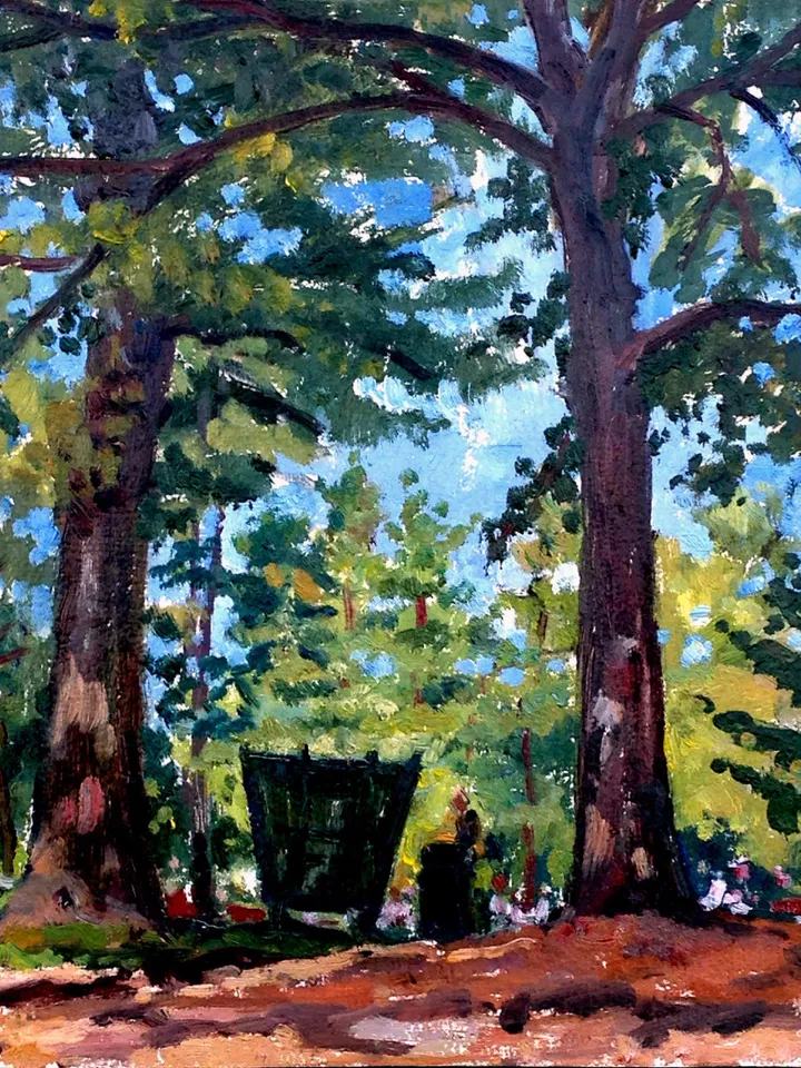 Original Tanglewood Landscape Painting - Under the Pines - 10x10 Oil on Panel, Plein Air Berkshires Impressionism, Signed American Fine Art