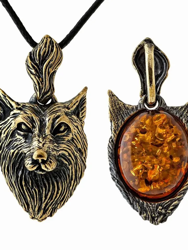 Wolf necklace Wolf pendant Totem Animal jewelry Amulet pendant Men Gift Werewolf Wolf head jewelry gold and black brass amber