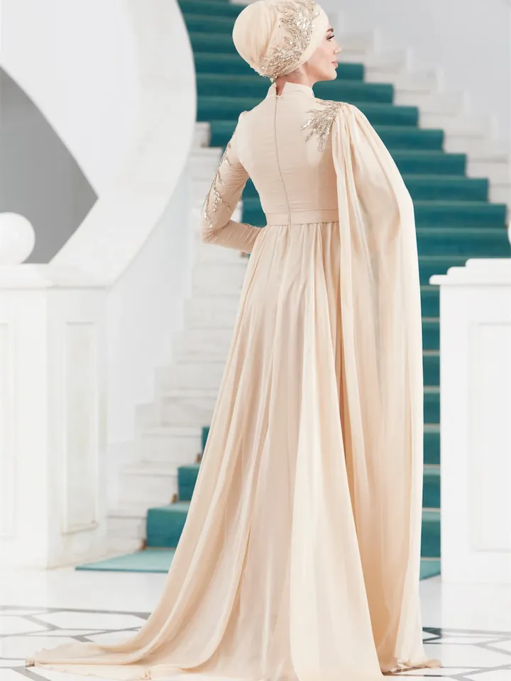 AHUNARE HIJAB - Vera  Cream Chiffon Wedding Dress, Muslim Evening Gown, Nikah, Islamic Wedding, Engagement, Bridesmaid,
