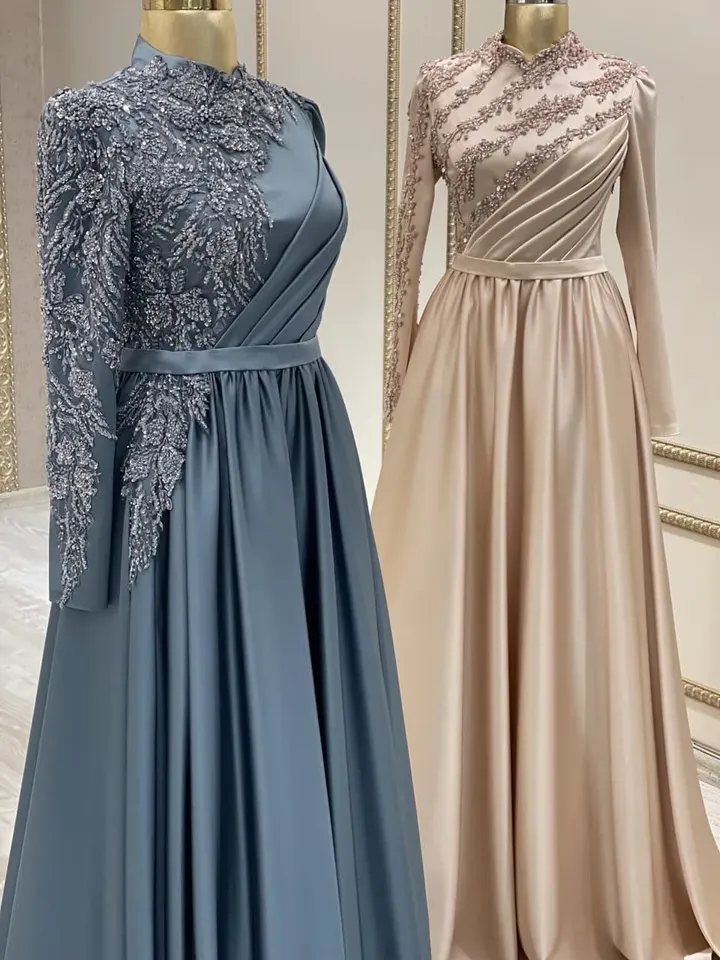 AHUNARE HIJAB - Lara Nehir Gold Satin Belted Tailed Embroidered Wedding Dress, Muslim Evening Gown, Nikah, Islamic Wedding, Bridesmaid,