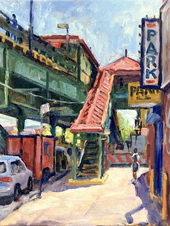 Original New York Cityscape Painting - Under the L/215th Street/Inwood - 8x10 Oil on Linen, Signed NYC Impressionist Plein Air Landscape