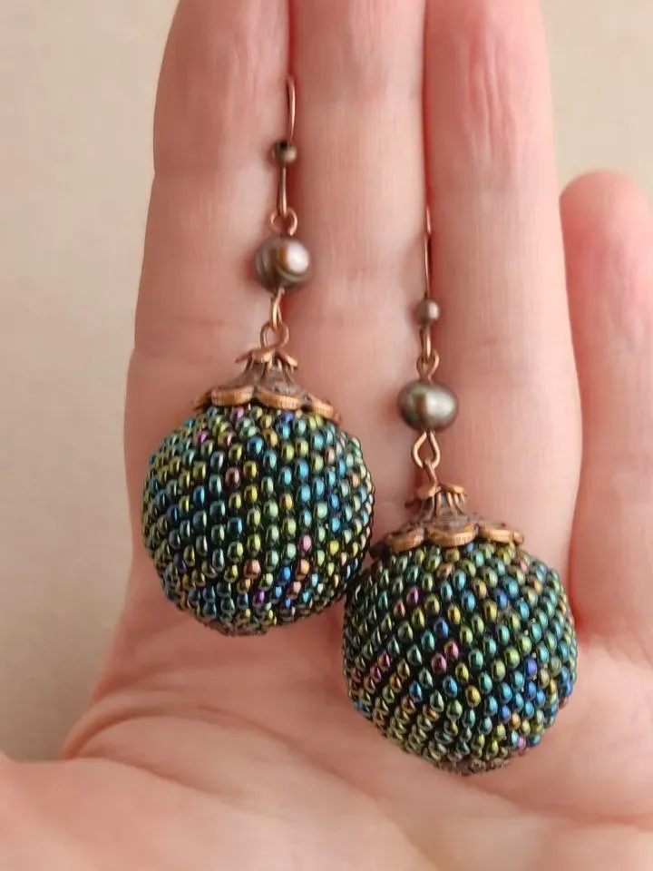 Green earrings balls with pearls earrings beaded earrings dangling drop earrings