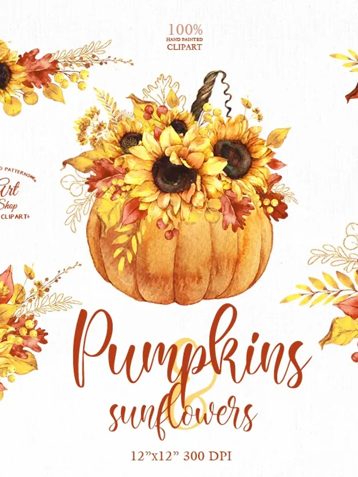 Sunflower Watercolor Clipart, Rustic hand-painted, Autumn orange leaves
