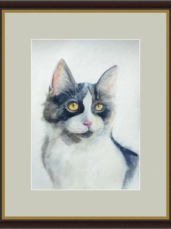 Cat painting white kitty artwork original watercolor art pet portrate white spotted cat