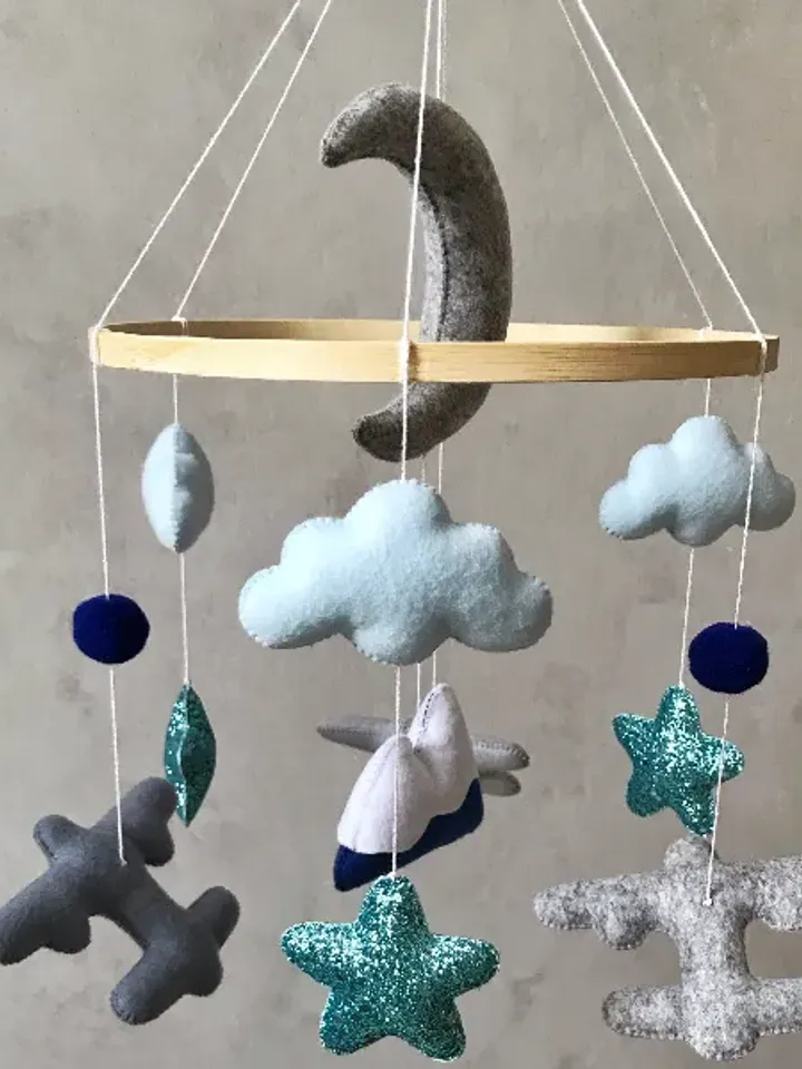 Handmade Baby Boy Mobile with Airplanes, Clouds, Stars, and Mountains - Blue and Gray Sky Themed Crib Mobile for Nursery