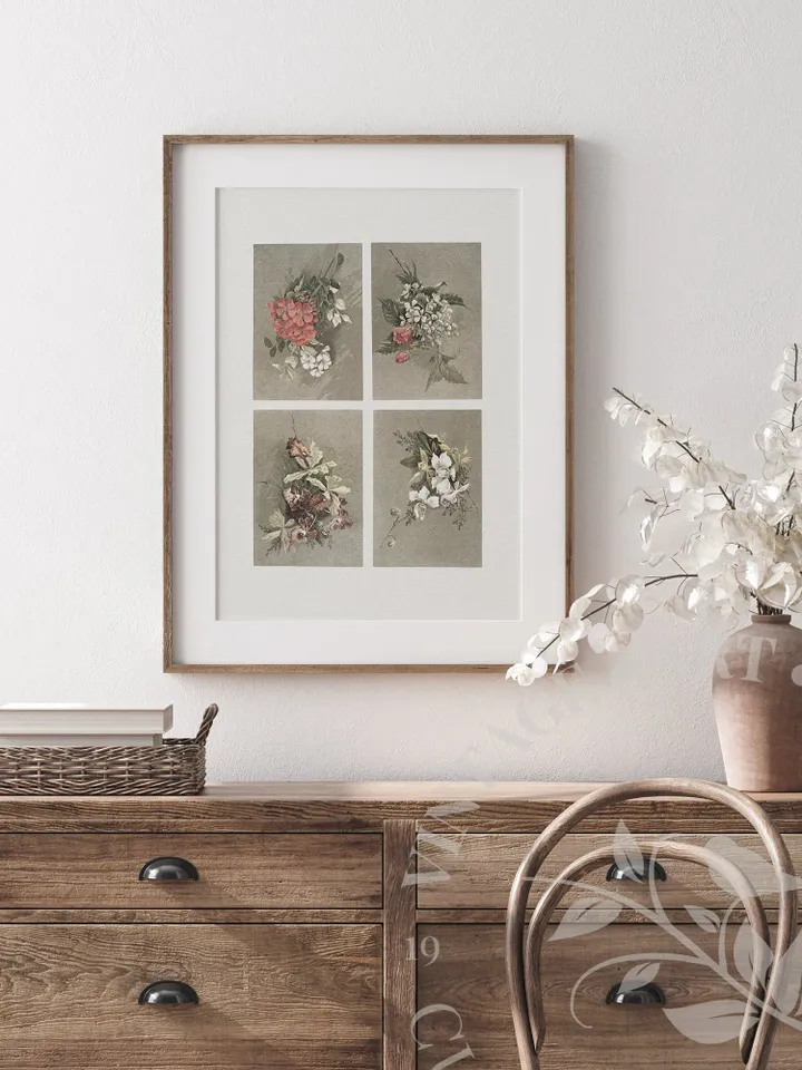 White Hydrangea Painting, Vintage Print Botanical Art, Orchids Geranium Antique Flower Printable Wall Decor, Digital | #37