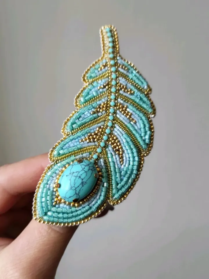 Feather brooch, turquoise brooch, brooch pin, beaded brooch, mothers day, gift for friend, handmade gifts, brooch, pin