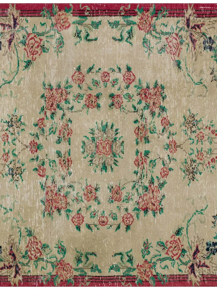Transform Your Room with the Traditional Turkish Rug - 5.5ft x 8.5ft Beige Carpet with Flower Embossing and Vintage Floral Frame