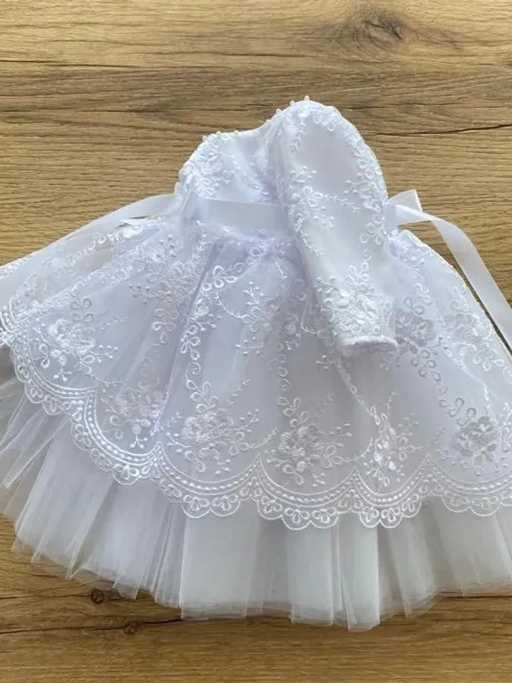White dress with lace, pearls and tulle, bonnet, panties and shoes for baby girl. Baptism outfit. Christening gown for girl.