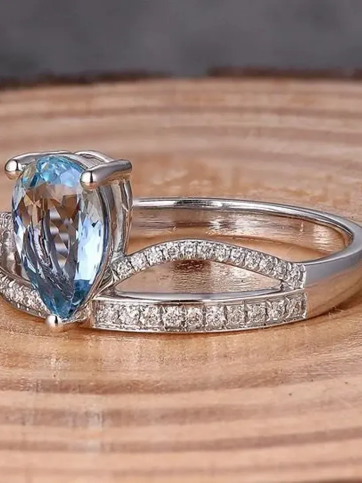 Aquamarine Ring - Pear Shape 6x9mm Aquamarine Ring in Solid 14K White Gold, Ring for Pear Cut