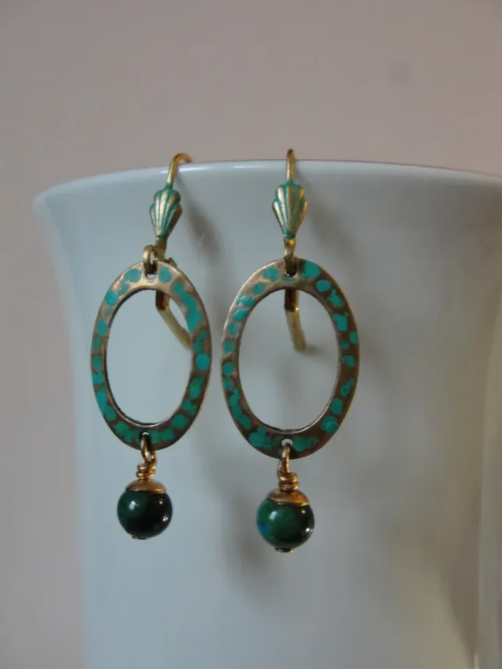 Boho Shabby chic Vintaj solid and natural brass Chrysocolla earrings Textured patinated