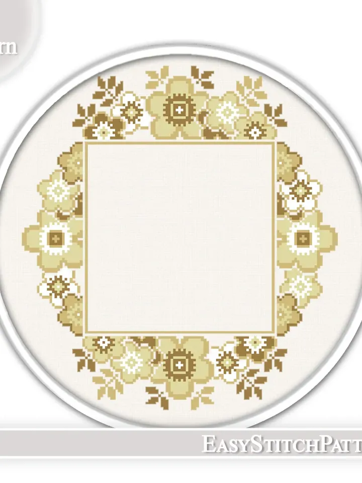 Wreath cross stitch pattern. Flower frame cross stitch. Hoop art. Modern cross stitch.