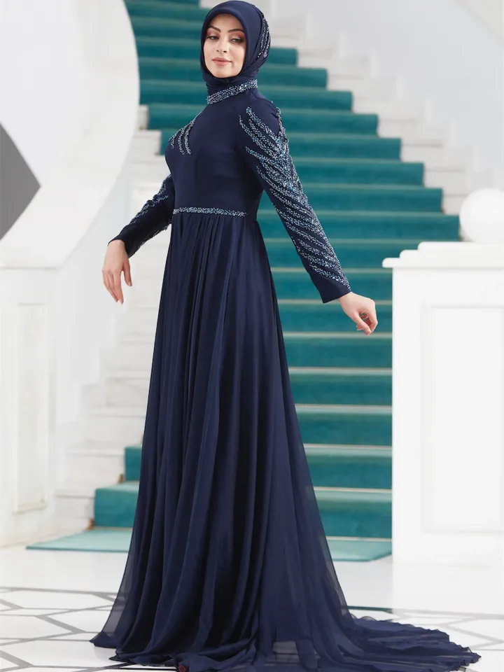 AHUNARE HIJAB - Liz  Navy Blue Chiffon Wedding Dress, Muslim Evening Gown, Nikah, Islamic Wedding, Engagement, Bridesmaid,