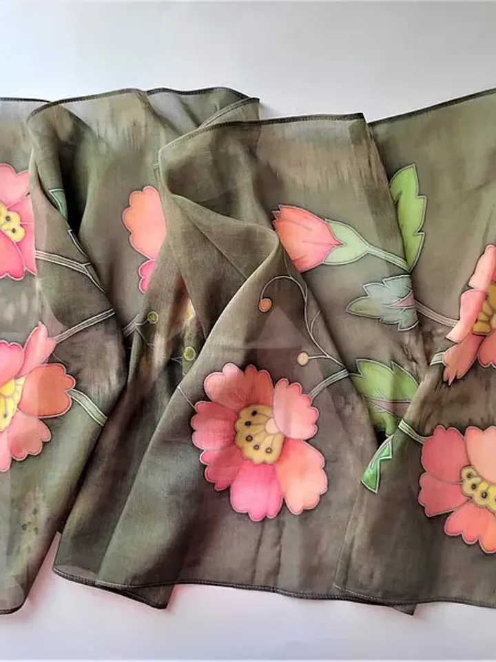Pink and green scarf Hand painted scarf Floral scarves Cotton and silk scarf