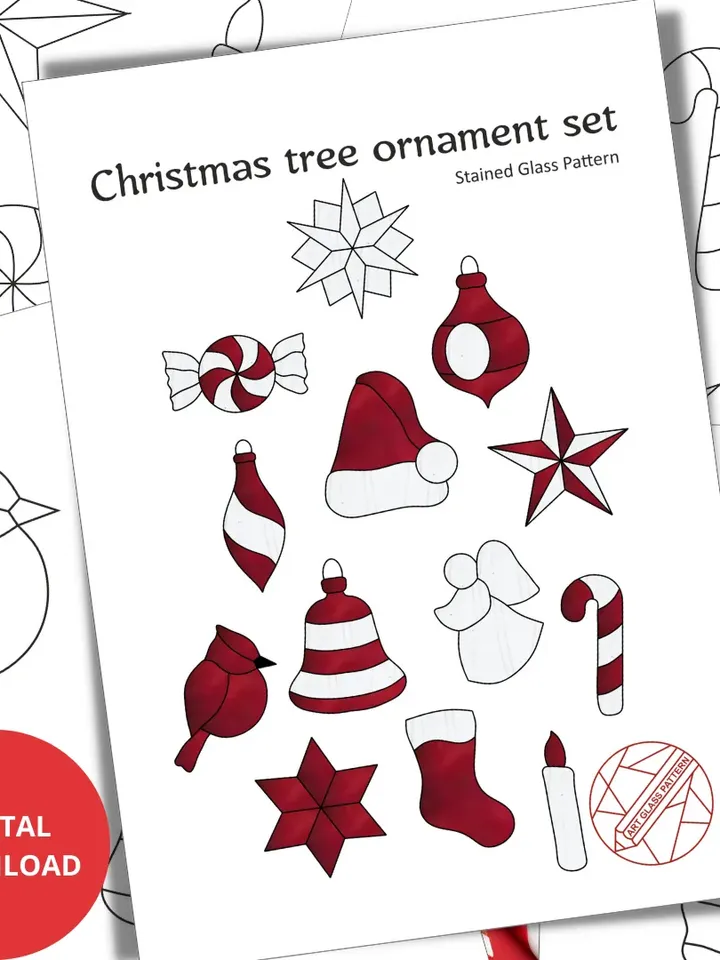 Stained glass patterns, Christmas tree decoration set - Digital Download PDF