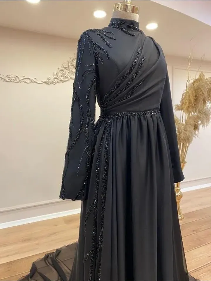 AHUNARE HIJAB - Şura  Black Chiffon Embroidered Wedding Dress, Muslim Evening Gown, Nikah, Islamic Wedding, Engagement, Bridesmaid,