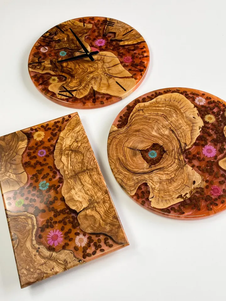 Set of 3 Epoxy Live Edge Olive Wood, Coffee Table, Wall Clock, Serving Tray, Unique Coffee Table, Farmhouse Wall Clock