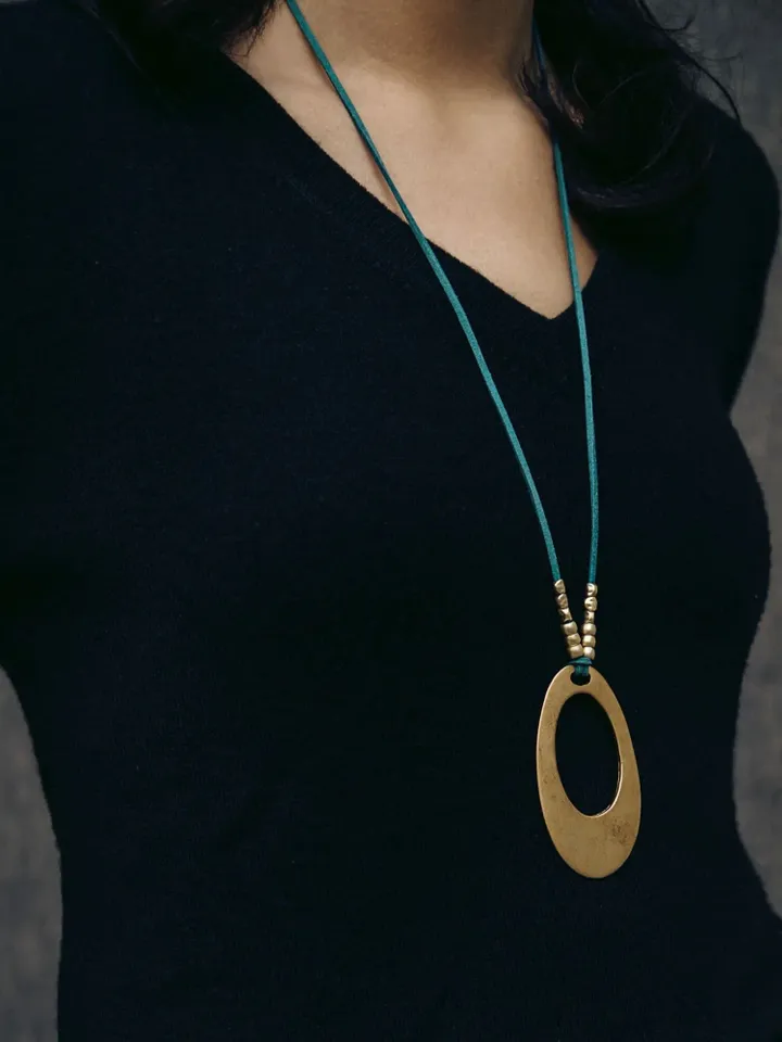 Silver or Gold OVAL PENDANT NECKLACE for Women, Bold Boho Suede Vegan Jewelry, Everyday Layering Statement, Large Open Oval Pendant