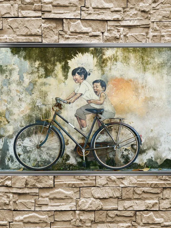 Bike and Kids Print on Canvas , Floating Frame Option, Modern Wall Art, Extra Large Canvas Wall Art