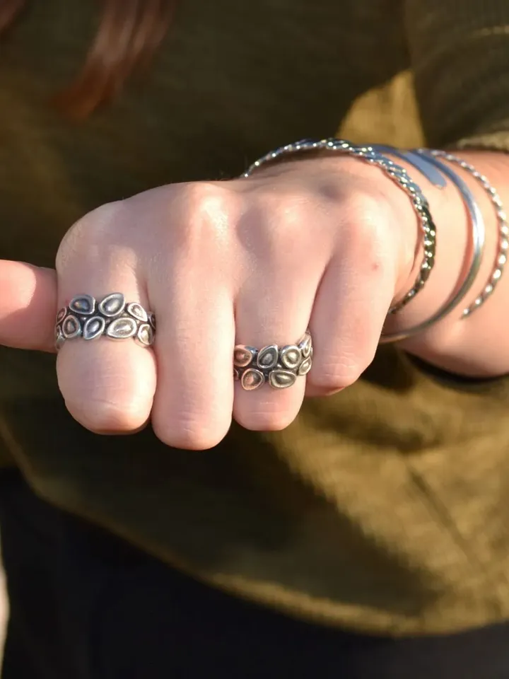 Antique Silver Pebble Ring, Bohemian Geometric Design, Minimal Ring Circles Engraved, Women Open Ring Adjustable, Gifts for Her