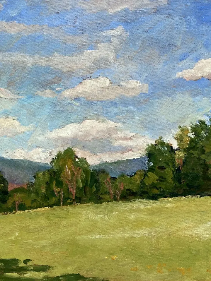 Original Berkshires Landscape Painting -Rolling Hills/Summer Sky- 12x22 Oil on Linen, Plein Air Impressionist Fine Art, Signed Original