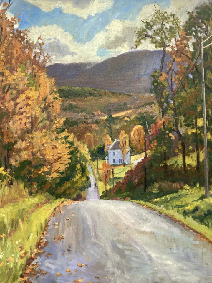 Large Fall Landscape Painting - Rainy Autumn Road/Berkshires- 24x30 Oil on Linen, Plein Air Impressionism, Signed Original