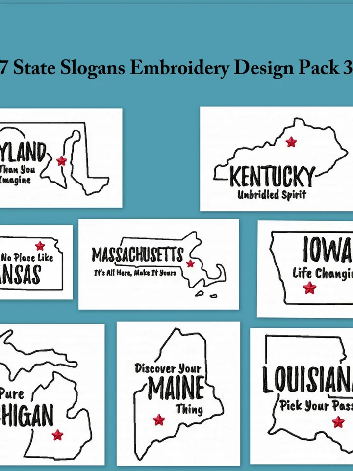 50% off,8 State Slogans Embroidery Design Pack 3,7 size, Instant Download,Applique,Digital Machine,New Sale,Gnomes,Dst,Jef,Xxx,Pes,Hus,Exp.