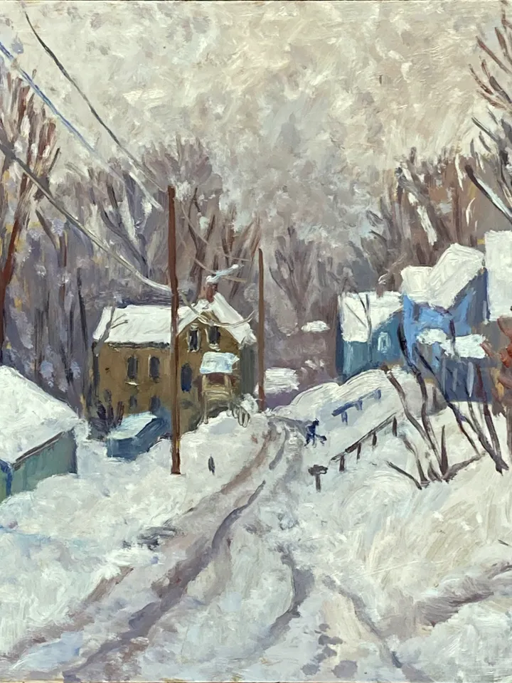 Original Winter Landscape Painting -Toward Vermont/Snow Day- 12x12 Oil on Panel, Plein Air Impressionist Scene, American Fine Art