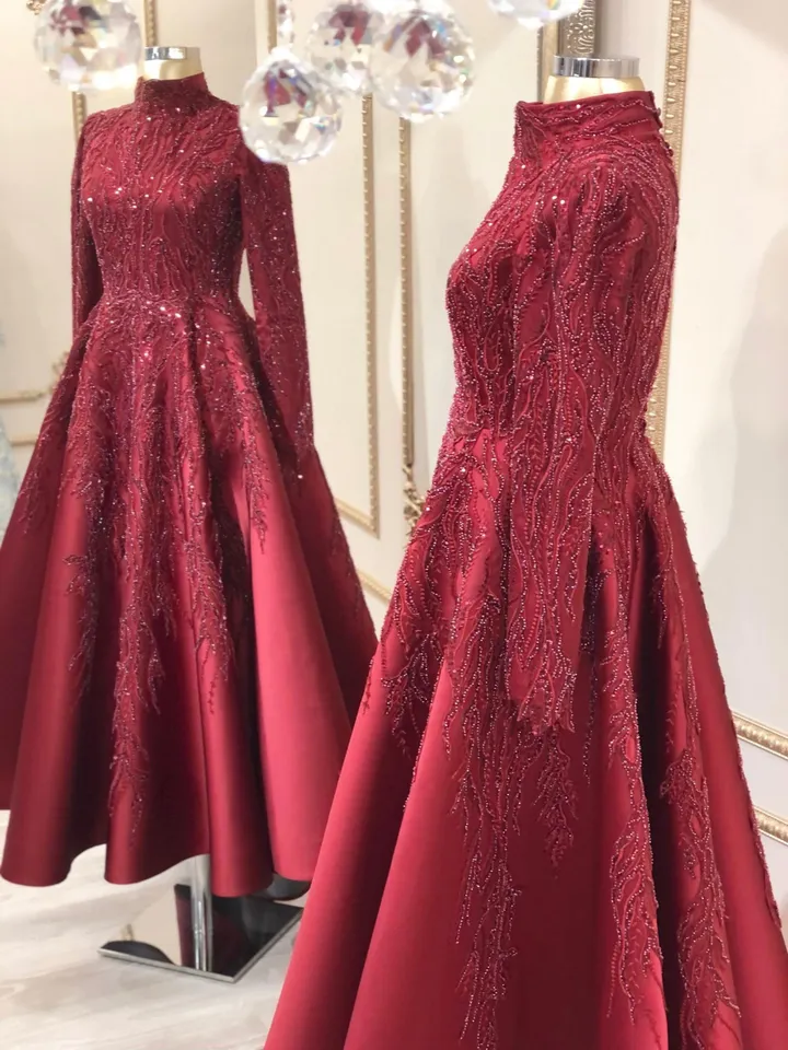 AHUNARE HIJAB - Ela  Burgundy Embroidered Wedding Dress, Mu slim Evening Gown, Nikah, Islamic Wedding, Engagement, Bridesmaid,