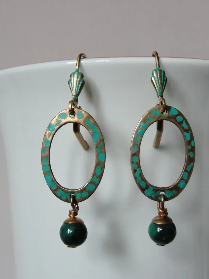 Boho Shabby chic Vintaj solid and natural brass Chrysocolla earrings Textured patinated