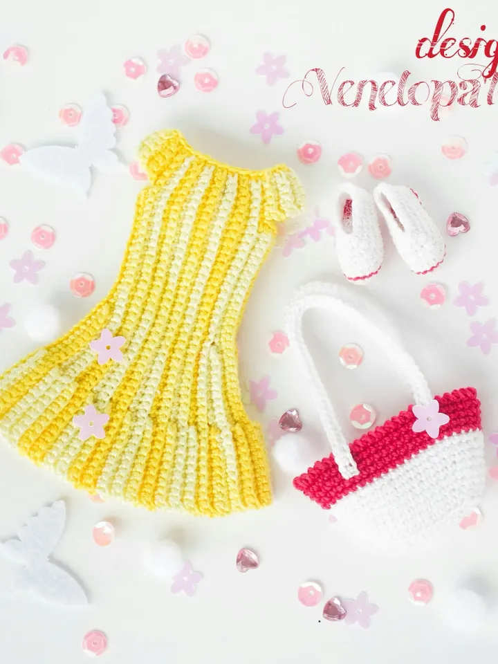 PDF Pattern Crochet Outfit for Doll Jessica - yellow dress, shoes and a bag