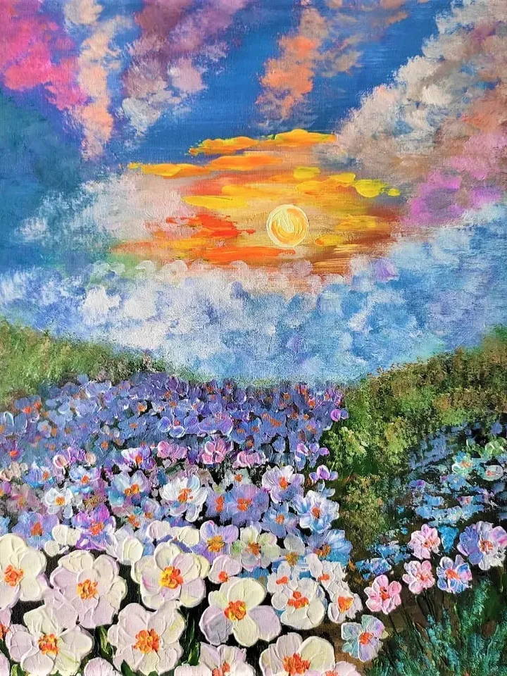 White flower canvas wall art a sunset painting impasto