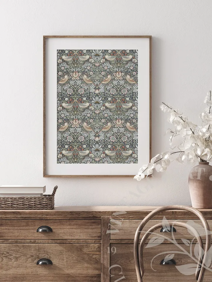 Muted Blue Fabric Wall Art Vintage Print, William Morris Abstract Flowers Bird Pattern Artwork PRINTABLE Decor | #206