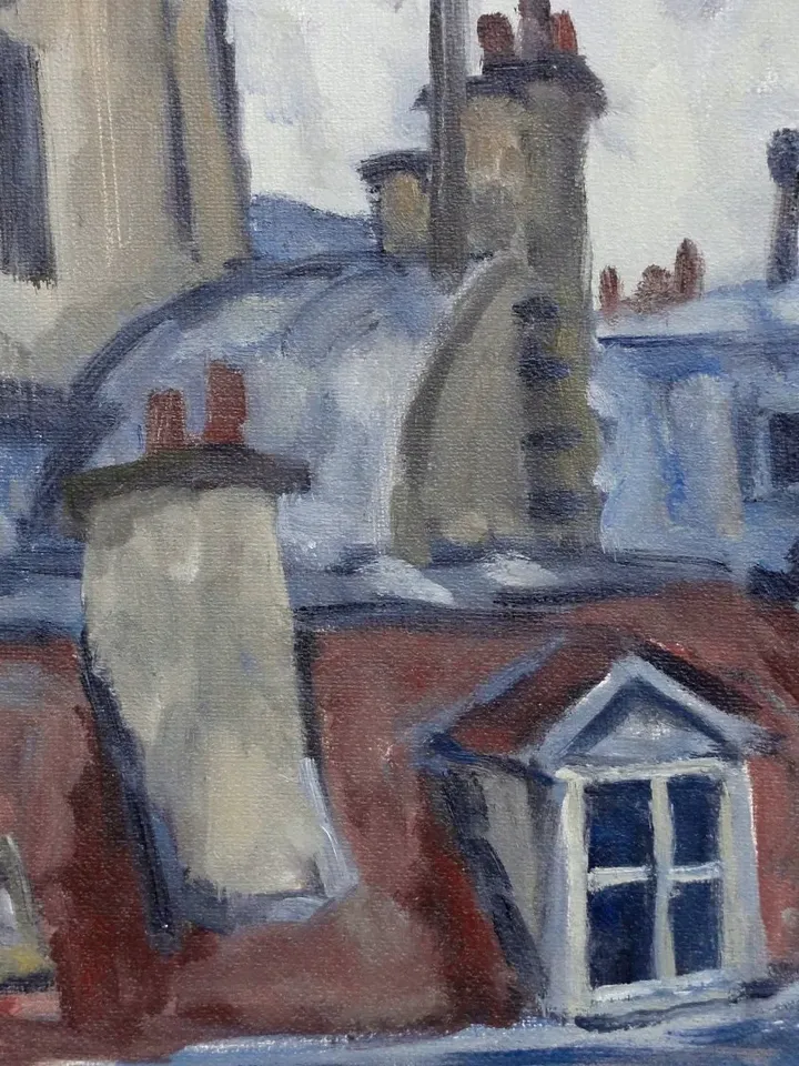 Paris Landscape Painting - Rooftops/Rain - 13x17 Oil on Canvas, Urban Impressionist Cityscape, Signed Original American Realist Fine Art