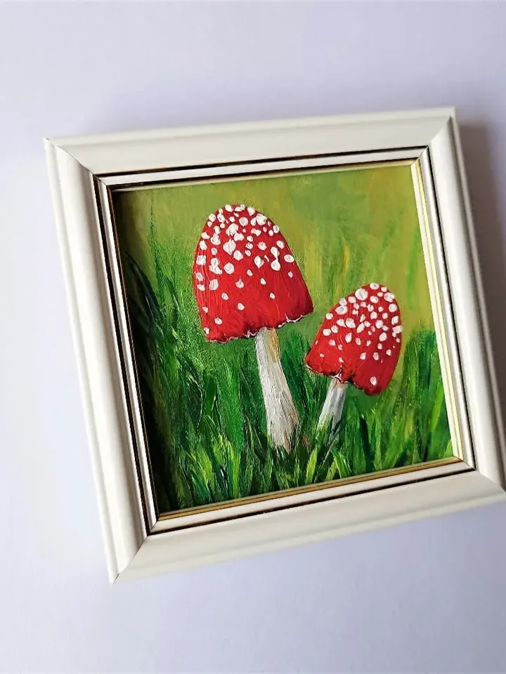 Mushroom art painting, Cute mushroom paintings, Toadstool picture, 2 mushrooms, Painting impasto