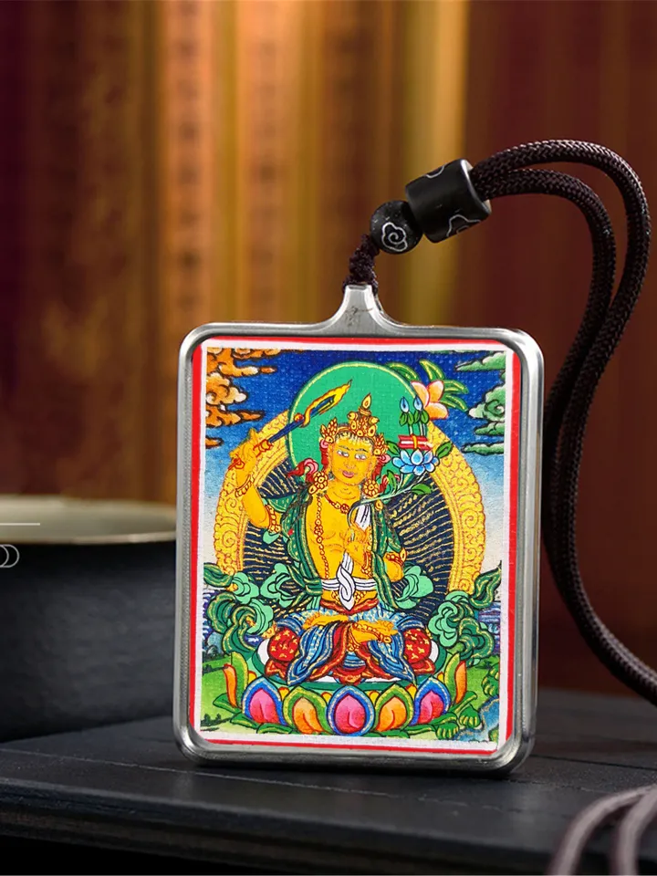Gandhanra Handpainted Locket Thangka Amulet,Manjusri,Wisdom Buddha,Packed in Gau Shrine Box