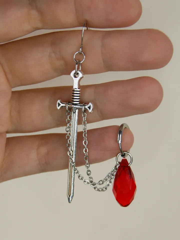 Single sword earring with red crystal Double piercing anime earring with chain Goth sword earring transforming