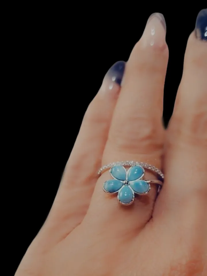 Sterling Silver Flower Ring, 925 Plumeria Ring with CZ Clear Stones Ring for Women Genuine Larimar Pectolite Stone