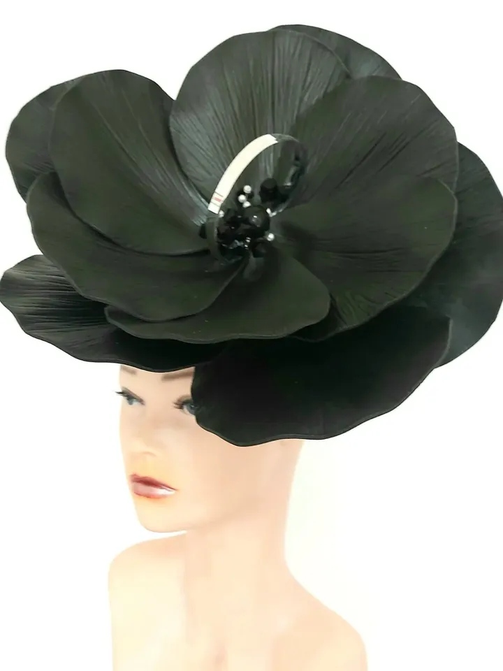 Giant anemone hat Black fascinator Derby headpiece Flower headband Church hat Flower hairpins Gothic style Halloween costume