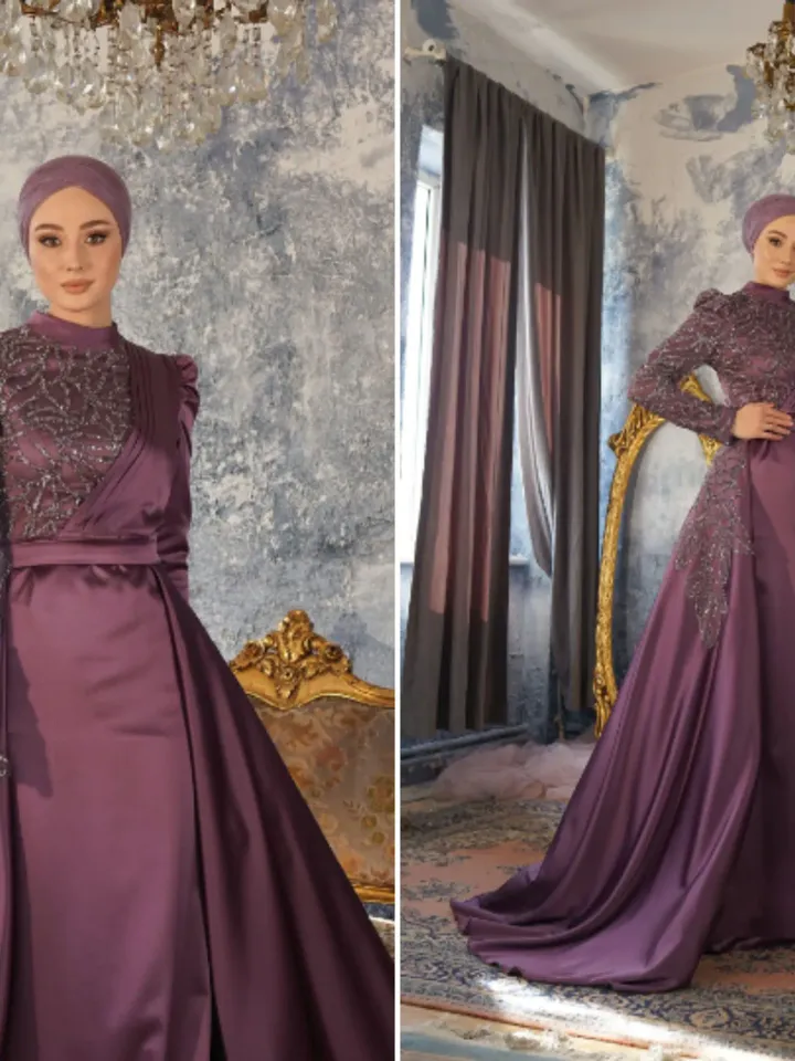 AHUNARE HIJAB - Zade Satin Plum Peplum Wedding Dress, Muslim Evening Gown, Nikah, Islamic Wedding, Engagement, Bridesmaid,