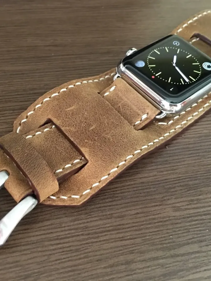 Apple Watch Cuff Band, Series 7 Apple Watch Band 45mm, Beige Genuine Leather Watch Straps for iWatch Series 6 44mm, Smart Watch Accessories