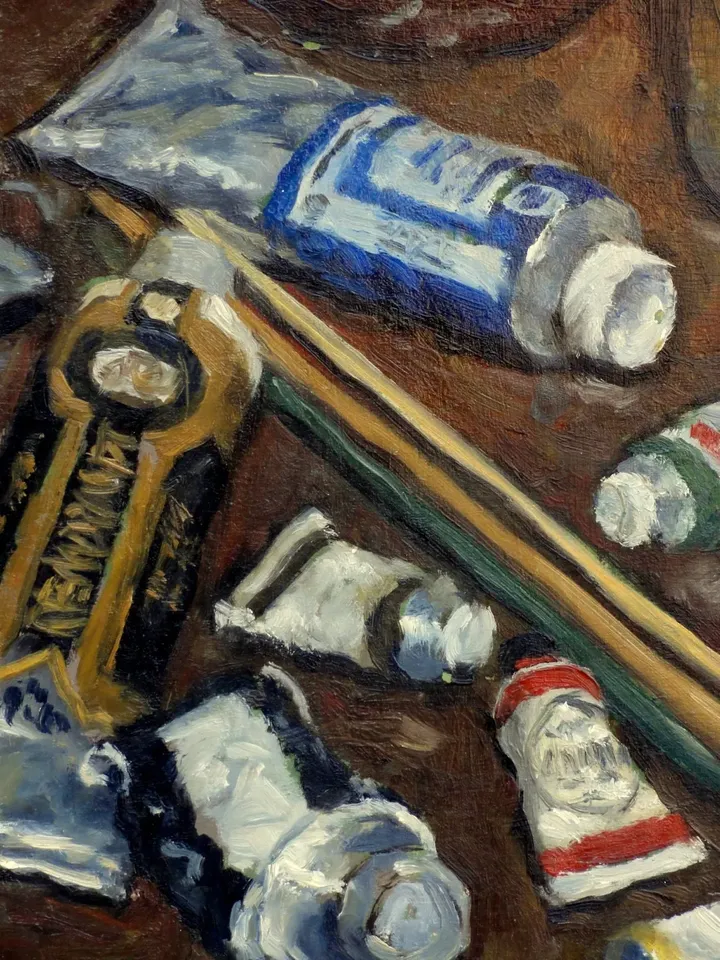 Original Still Life Painting - Brushes and Paint Tubes/Artist Tools - 12x14 Oil on Panel, American Realist Artwork, Signed Original