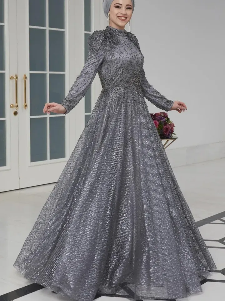 AHUNARE HIJAB - Firuze Grey Tulle Wedding Dress, Muslim Evening Gown, Nikah, Islamic Wedding, Engagement, Bridesmaid,