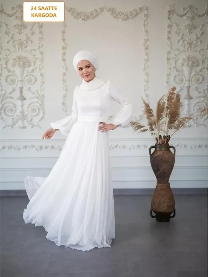 AHUNARE HIJAB - İncioya - White Embroidered Belted Wedding Dress, Muslim Evening Gown, Nikah, Islamic Wedding, Engagement, Bridesmaid,