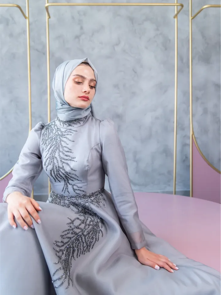 Mimoza Grey Embroidered Ahunare Wedding Dress, Muslim Evening Gown, Nikah, Islamic Wedding, Engagement, Bridesmaid, Maxi Dress